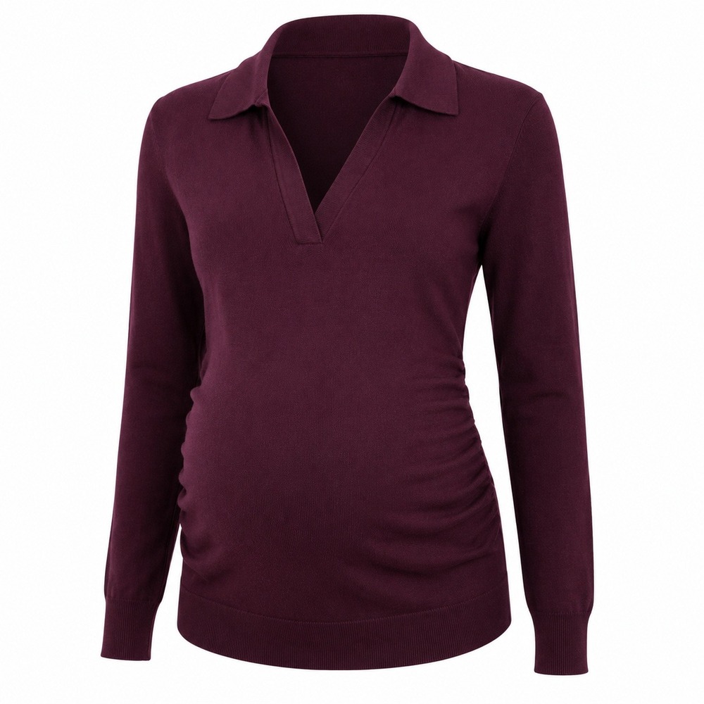 Bobeau Stephanie Polo Maternity Sweater Dark Purple Long Sleeve V-Neck Small